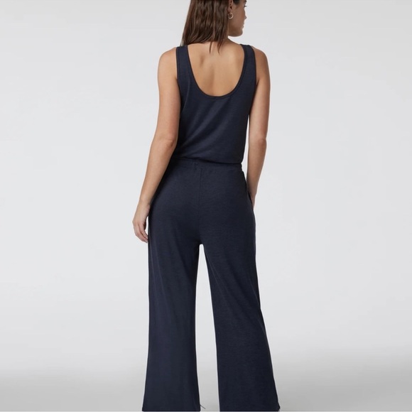 Vuori Falls Henley Waist Tie Dark Heathered Blue Wide Leg Jumpsuit Romper, Med - Picture 2 of 7